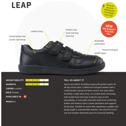 Bobux Kid+ Black School Leather Shoe LeapTrainer
