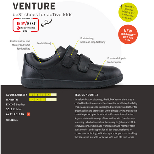 Bobux Kid+ Black School Leather Shoe Venture Trainer