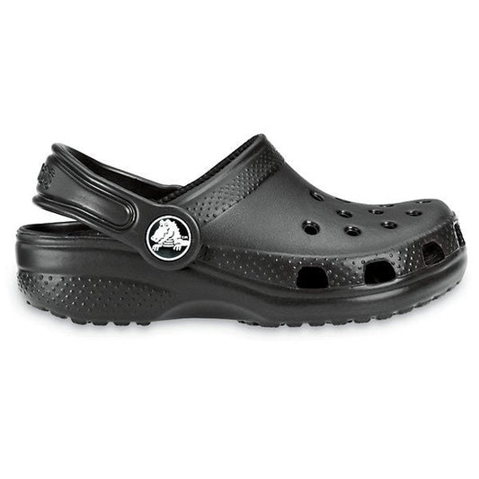 The Crocs Kids - Youths Classic Clog K Black Sandal is a clog-style shoe with ventilation holes, a textured sole, and an adjustable heel strap with a circular logo—ideal as water-friendly youth sandals., 191448734371, 191448734388, 191448734395, 191448734