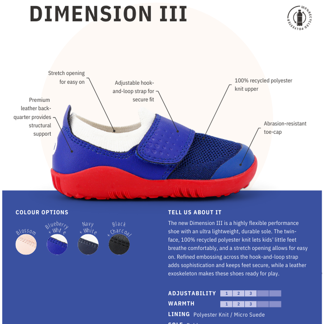 The Bobux Iwalk Lo Dimension III Blue Navy Trainer 638506 is a unisex kids’ sneaker with a blue upper, red sole, and hook-and-loop strap. Features include recycled polyester knit, abrasion-resistant toe, flexible sole, stretch fit, and breathable mesh., 9