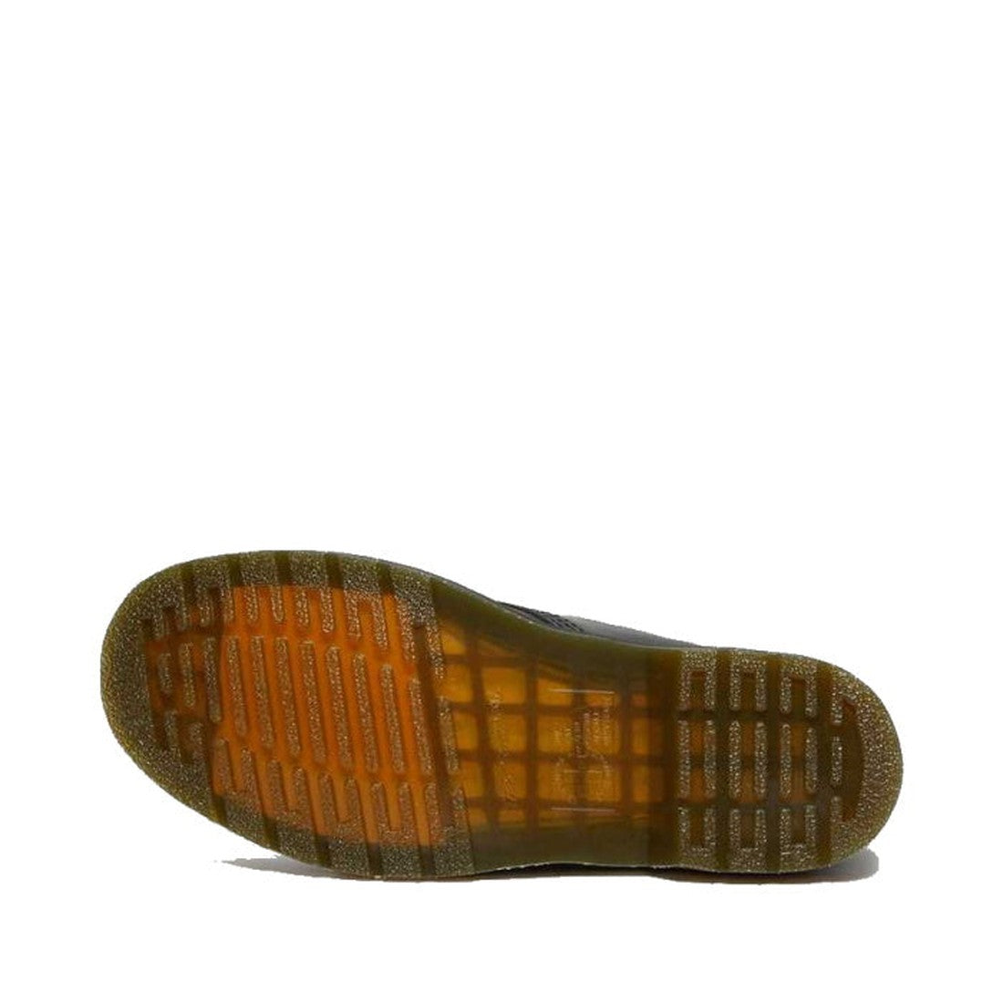 A single Dr Martens 8053 Nappa Black Padded Collar Shoe is shown sole-up, highlighting its textured, translucent brown rubber sole with a grid-like tread pattern against a white background., 800090824704, 800090824728, 800090801255, 800090801279, 80009080