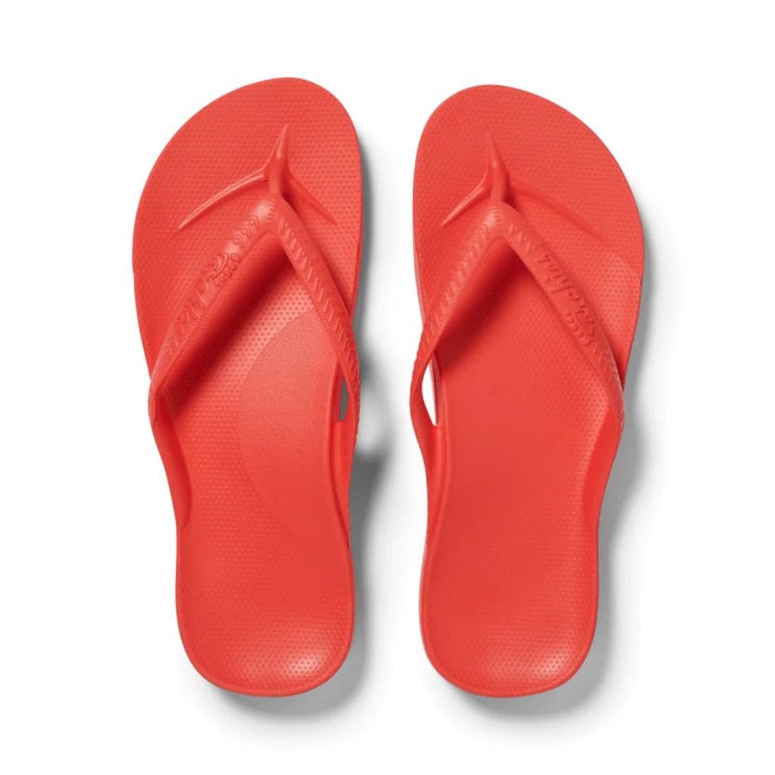 Archies Footwear Arch Support Jandal in coral, comfy flip flops with textured sole and arch support, shown from above on white. ksnz