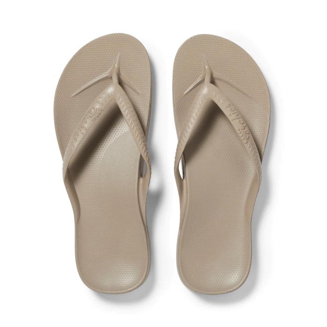 Archies Arch Support Jandal Taupe—comfy taupe sandals with cushioned soles and easy patterned straps, perfect for all-day family fun. ksnz