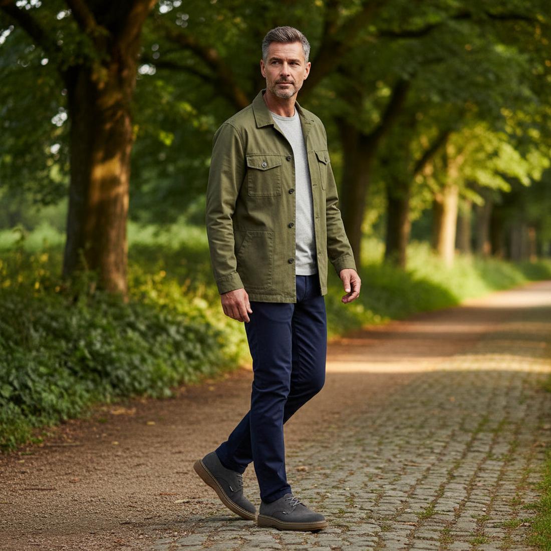 A man in a tree lined path wearing navy trousers a green jacket and grey shirt waering The Barbour Mens Harefield Derby Lace Up Shoe in slate grey suede features brown rubber soles and is displayed on a white background., 5063669166710, 5063669166727, 506