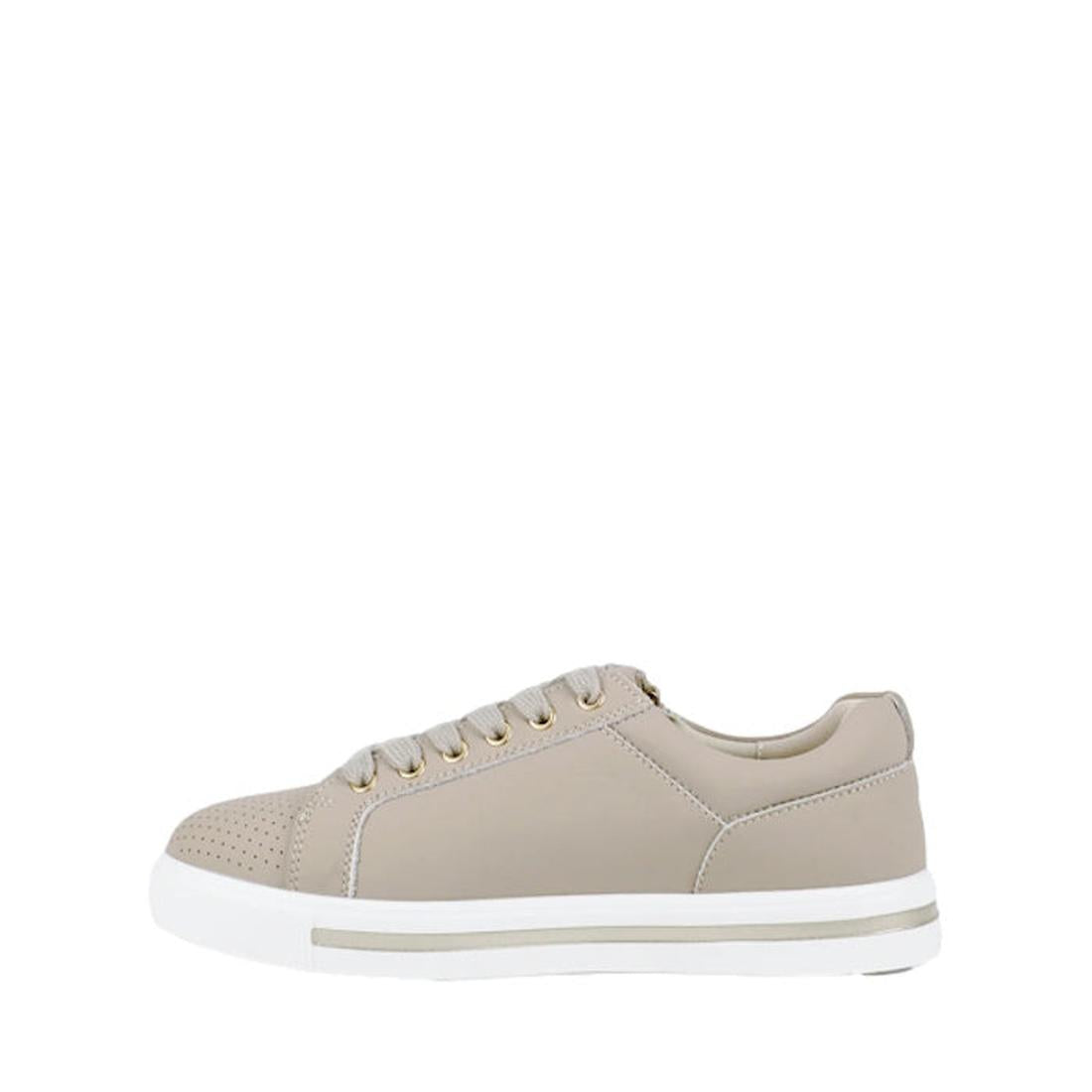 The Bay Lane Kiki Womens Nude Beige Leather Zip Sneaker features a white sole, small toe perforations, and a side zip. Shown in side view on a plain white background, it offers all-day comfort with its supportive footbed., 47114, 9357649041392, 9357649041