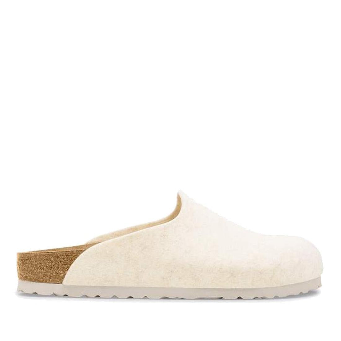 The Birkenstock Amsterdam Felt Wool Glog in Eggshell Off White (Regular Width) features a closed toe, cork-latex footbed, and flat white sole, displayed in profile against a plain white background., 51708, 51709, 4067707298440, 4067707298488, 406770729852, 4067707298525, 4067707298563