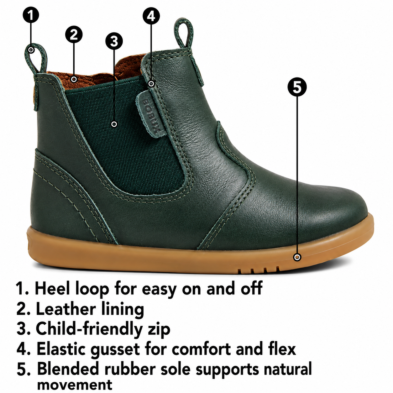 SIde view of a bobux Jodhpur boot showing the features that make it a great option for kids
, 52176, 9420074835062, 9420074835079, 52179, 52180, 9420074835109, 52182