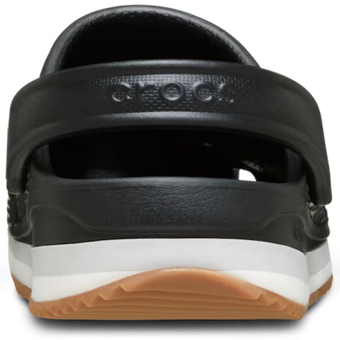 Rear view of the Crocs Adults Crocband Runner Black With Gum Sole, showcasing its retro sporty look with white and gum sole, cushioned comfort, adjustable heel strap, and Crocs branding embossed on the back., 51519, 198445411526, 198445411533, 19844541154
