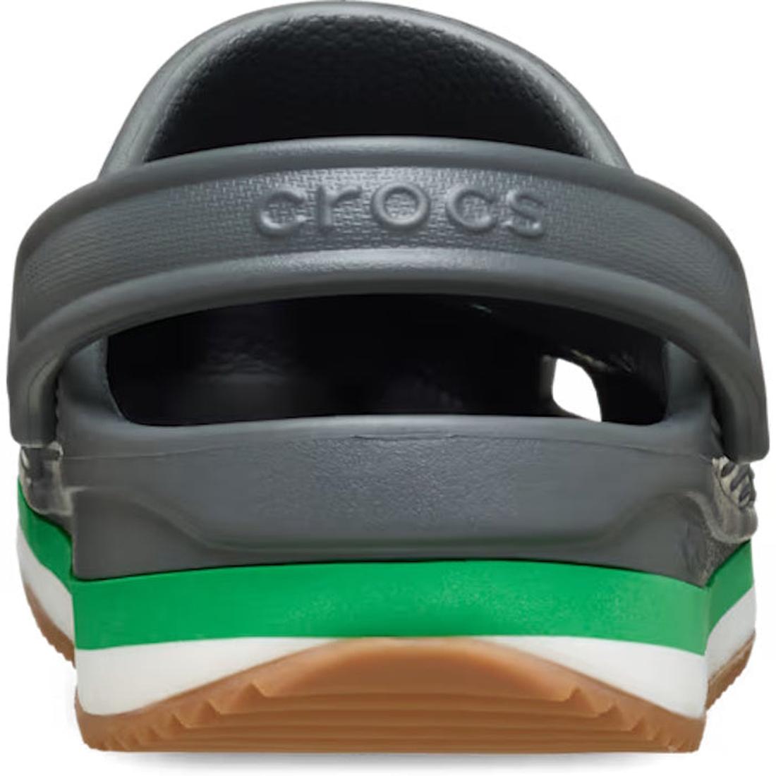 Rear view of Crocs Adults Crocband Runner Carbon With Gum Sole features a green and white stripe above the brown sole, with "CROCS" embossed on the heel strap for a sporty look and lightweight comfort., 51528, 198445411809, 198445411816, 198445411823, 198