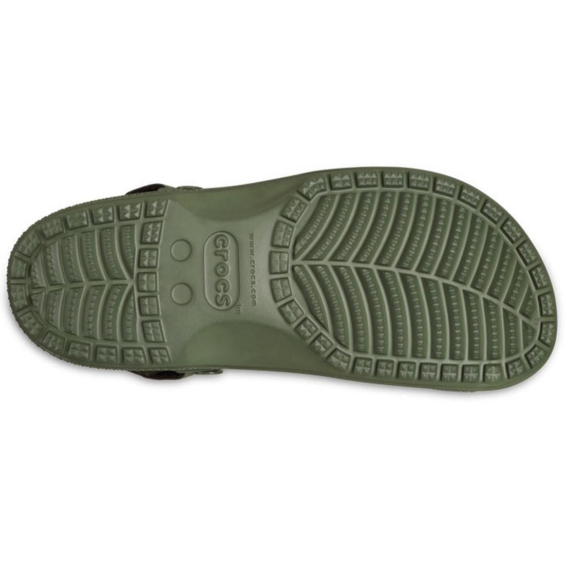 The image displays the sole of the Crocs Mens Yukon Vista II LR LiteRide Clog in Army Green, featuring a textured tread pattern for grip and a centrally placed Crocs logo., 48486, 48487, 198445103926, 198445103841, 198445103858, 198445103865, 198445103872