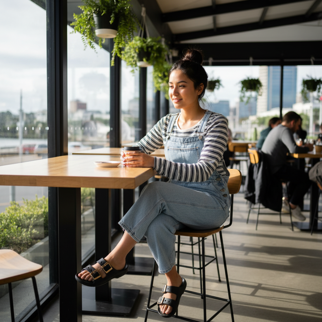 A woman in a striped shirt, denim overalls, and Crocs Womens Classic Metallic Buckle Saturday Sandal Slide Black sits at a window-side table in a bright café, smiling with a cup as hanging plants frame city buildings outside., 50021, 198445392788, 1984453