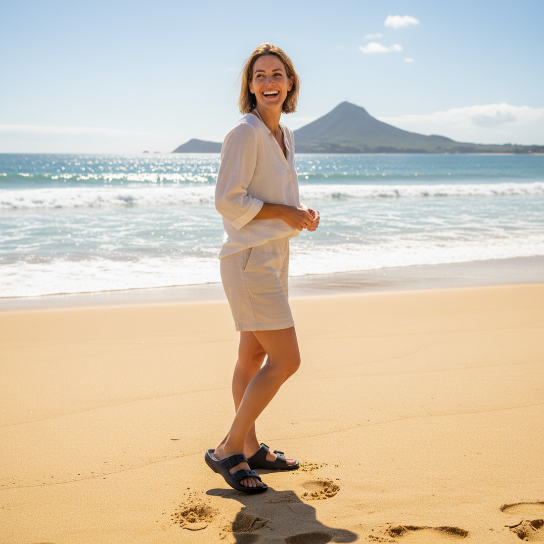 A woman stands barefoot on a sandy beach, smiling by the ocean with a mountain behind her—her Crocs Womens Classic Saturday Sandal Slide Black resting nearby under the clear, sunny sky., 198445397332, 198445397349, 198445397356, 198445397363, 198445397370