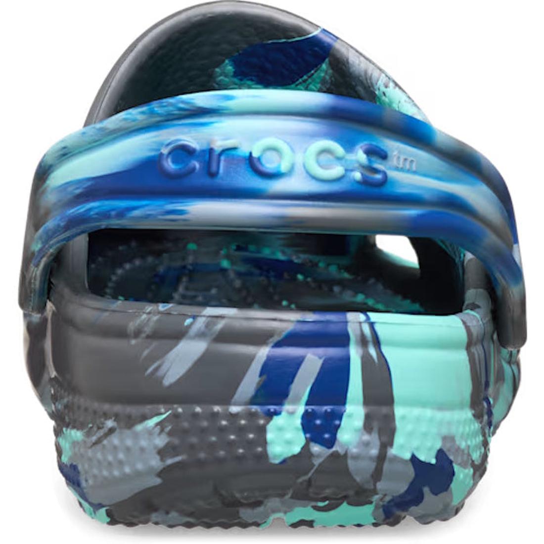 Back view of a Crocs Kids Classic Clog Marbled Carbon Multi Youth with a blue, gray, and turquoise marbled effect and a pivoting heel strap., 198445560187, 198445560194, 198445560200, 198445560217, 198445560224, 198445560231, 198445560248, 55008, 55009
