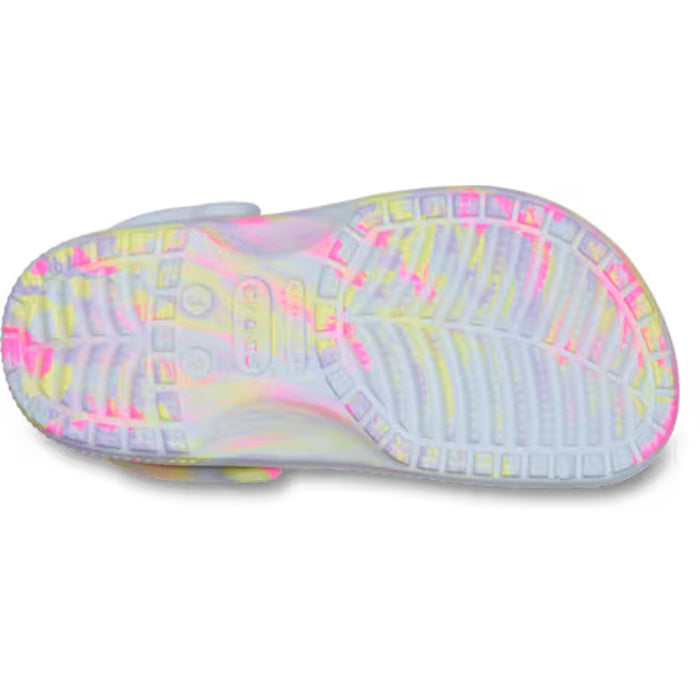 Bottom view of a Crocs Kids Classic Clog Marbled Sky Ice Multi Youth featuring a multicolored marbled pattern in shades of blue, yellow, and pink., 198445560279, 198445560286, 198445560293, 198445560309, 198445560316, 198445560323, 198445560330, 55017, 55