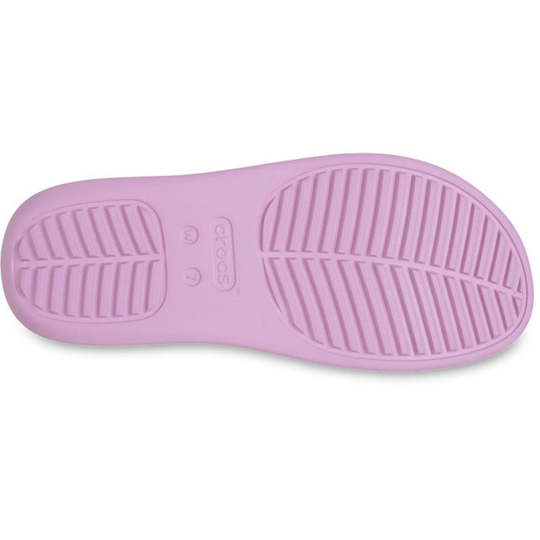 The Crocs Womens Getaway Strappy Hydrangea Purple Slide is shown from the bottom, featuring a light purple sole with a textured tread, two sets of horizontal grooves, and the Crocs logo centered., 48493, 48494, 198445200007, 198445200014, 198445200021, 48