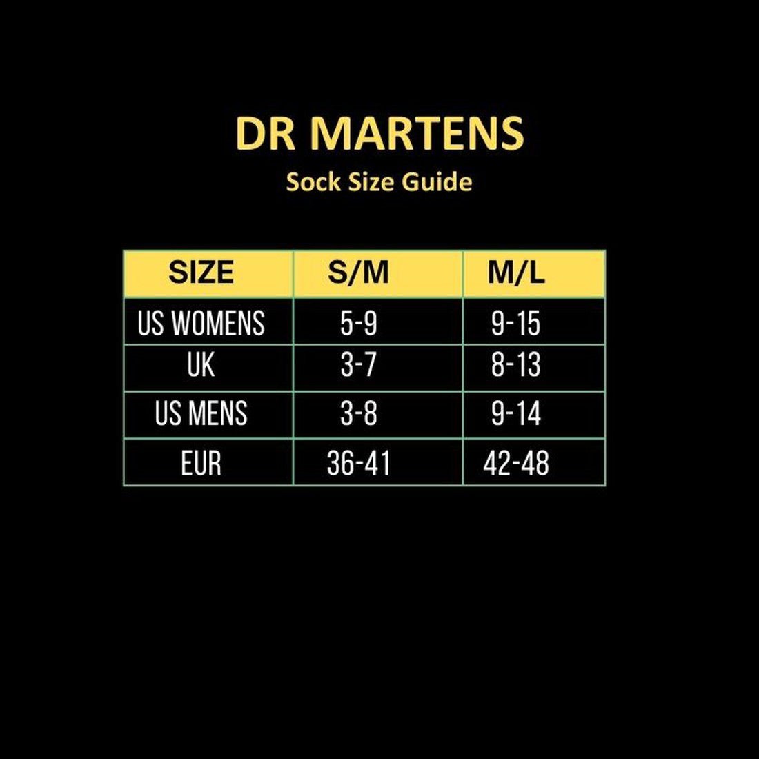 The Dr. Martens sock size guide chart shows S/M and M/L sizes for US Women's, UK, US Men's, and EUR shoe sizes on a black background—ideal for picking your Dr. Martens Ankle Frill Cotton Blend Socks Black., 190665640809, 190665640793, 190665377521, 190665