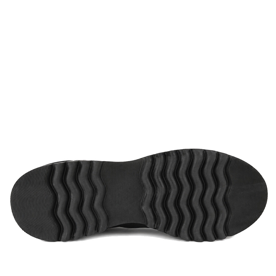 The image displays the bottom view of the Django & Juliette Eammes Black Leather Platform Shoe for women, featuring a distinctive horizontal wavy tread pattern across the sole for added traction., 51089, 4434754993411, 4434756993428, 4434754993435, 443475