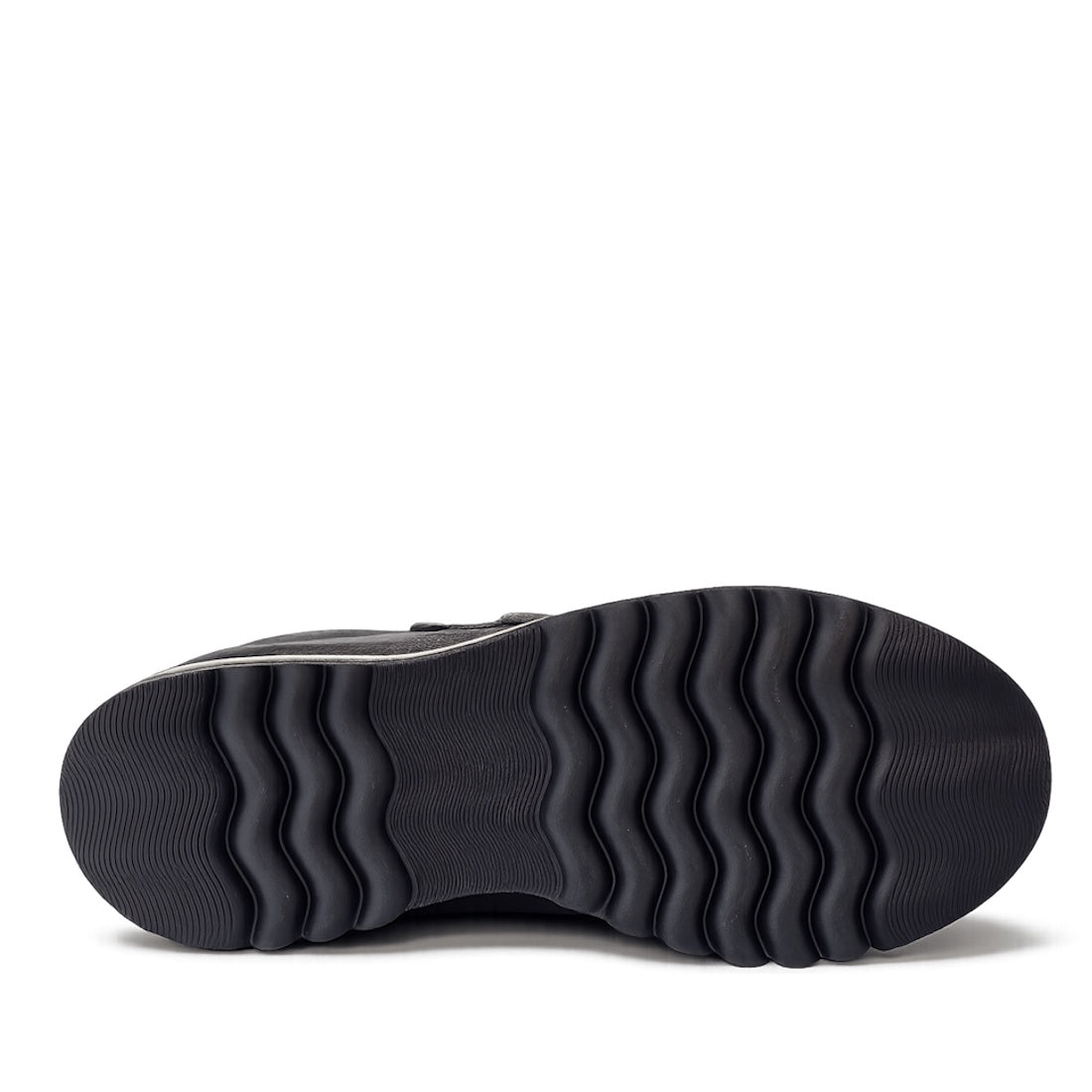 The image displays the sole view of a Django & Juliette Ellore Charcoal Grey Leather Platform Shoe for women, featuring a thick rubber sole with wave-like ridges for grip, photographed against a white background., 51103, 4434754334016, 4434754334023, 4434