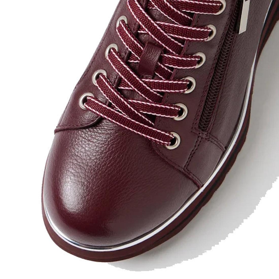 Close-up of the Django & Juliette Eammes Purple Black Leather Platform Shoe for women, featuring matching laces, metal eyelets, and a side zipper—shown overhead on a white background., 51586, 9361117100764, 9361117100771, 9361117100788, 9361117100795, 936
