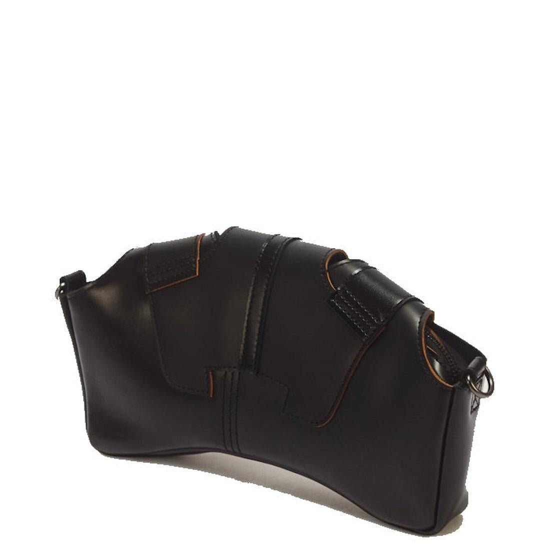 Introducing the Dr Martens Baguette Bag Black Analine Vintage Smooth Bag—a stylish accessory crafted from black aniline vintage smooth leather. This bag features curved edges, distinctive brown stitching, and a unique overlapping panel design inspired by