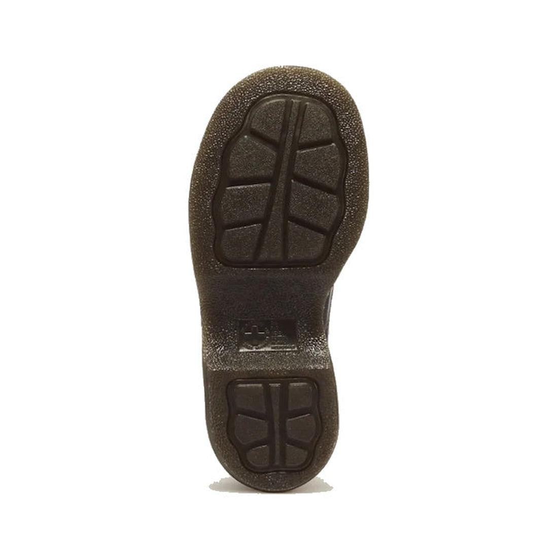 A dark brown Goodyear welted rubber sole with a textured tread pattern on a Dr Martens Buzz 5i Hearts & Stars Milled Gloss Leather Shoe., 54732, 190665823745, 190665823752, 190665823776, 54736, 54737