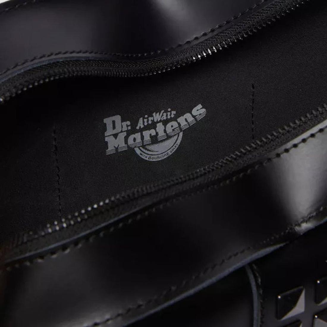 Dr Martens Heart Shaped Bag in classic black Kiev leather, comfy sole, secure zipper closure, and AirWair logo on the insole. ksnz, 190665728408