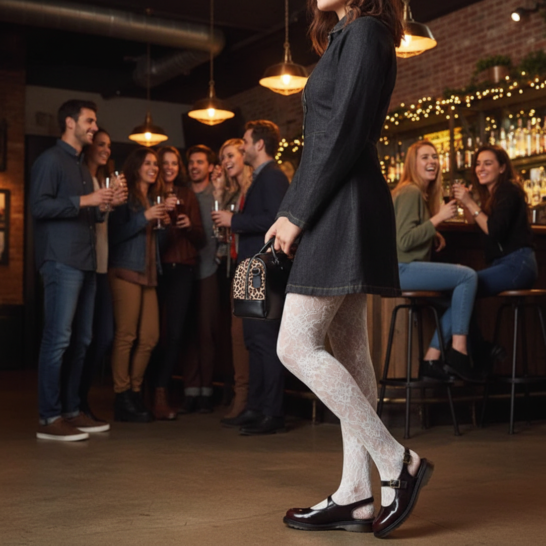 A woman in a dark dress, white lace tights, and Dr. Martens Madaline Cherry Red Arcadia Slingback Mary Jane Shoes stands in a bar, holding a small leopard-print purse as patrons laugh and chat by the counter., 52343, 190665775976, 190665775983, 1906657760