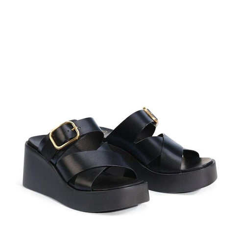 EOS Aris Womens Black Leather Wedge Dressy Slide