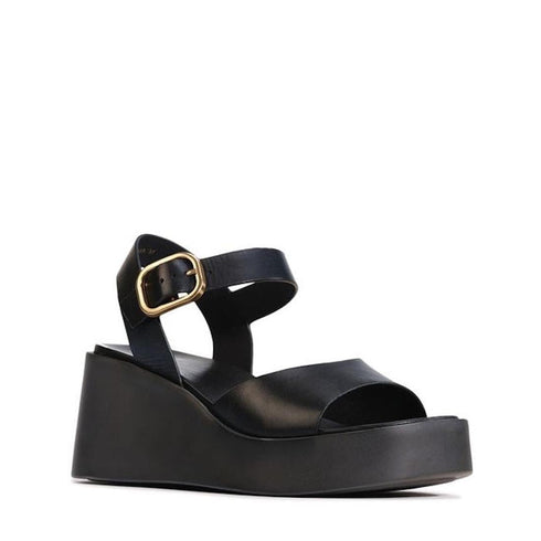 EOS Ariya Black Leather Dressy Wedge Platform Sandal with Ankle Strap