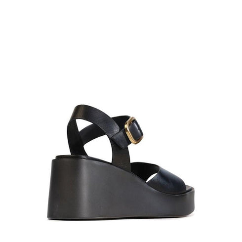 EOS Ariya Black Leather Dressy Wedge Platform Sandal with Ankle Strap