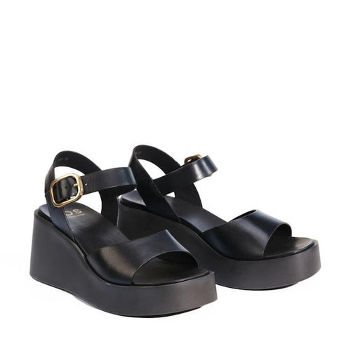 EOS Ariya Black Leather Dressy Wedge Platform Sandal with Ankle Strap