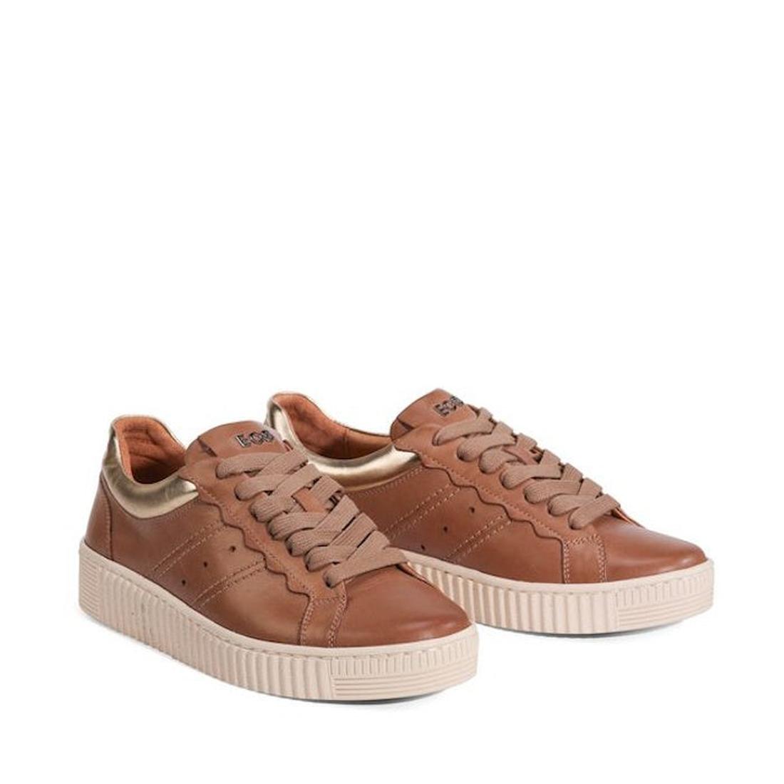 The EOS Jolie Pecan Leather Trainer With Zip is a comfortable low-top sneaker made from Italian Aniline Leather, featuring beige rubber soles, matching brown laces, subtle stitching details, and shown on a white background., 47249, 9321191308418, 93211913