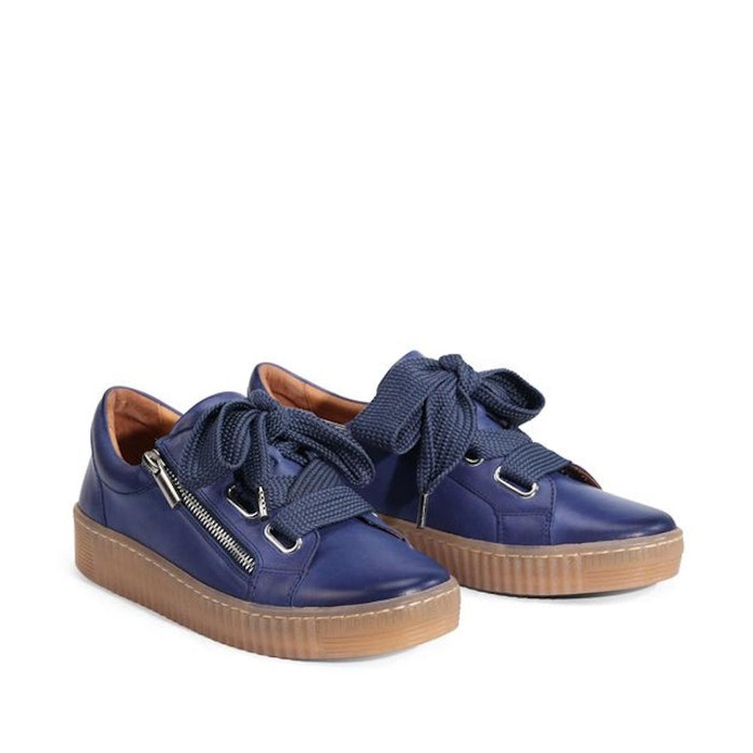 The EOS Jovi Dusk Blue Leather Women's Trainer features thick laces, side zippers, and light brown rubber soles, shown against a white background., 47221, 9321191308623, 9321191308630, 9321191308647, 9321191308654, 9321191308661, 47227