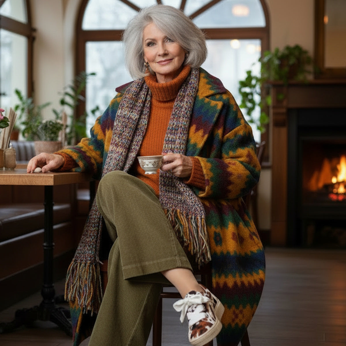 Woman sitting in a cozy room with a fireplace, wearing a colorful coat and holding a cup. Wearing EOS Jovi sneakers in Pony haire with white, brown, black camo like bovine pattern., 9321190036015, 9321190036022, 9321190036039, 9321190036046, 932119003605