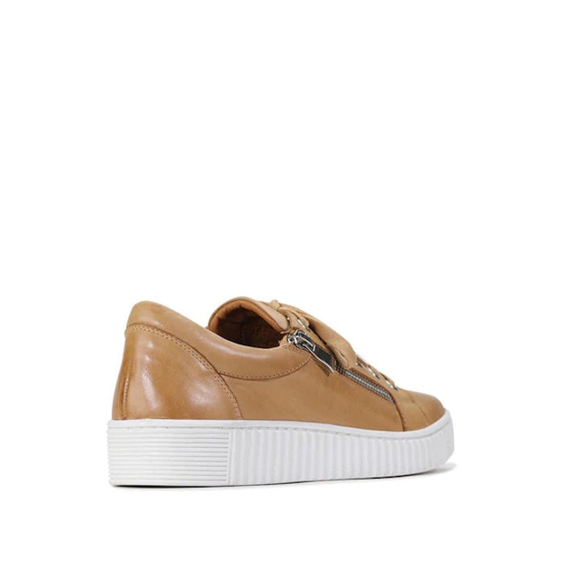 The EOS Joyce Tan Leather Trainer features premium Italian Aniline leather, a white textured sole, side zipper, lace-up front, anatomical insole, and rounded toe—shown angled against a plain white background., 52295, 52289, 52290, 52291, 52292, 52293, 522
