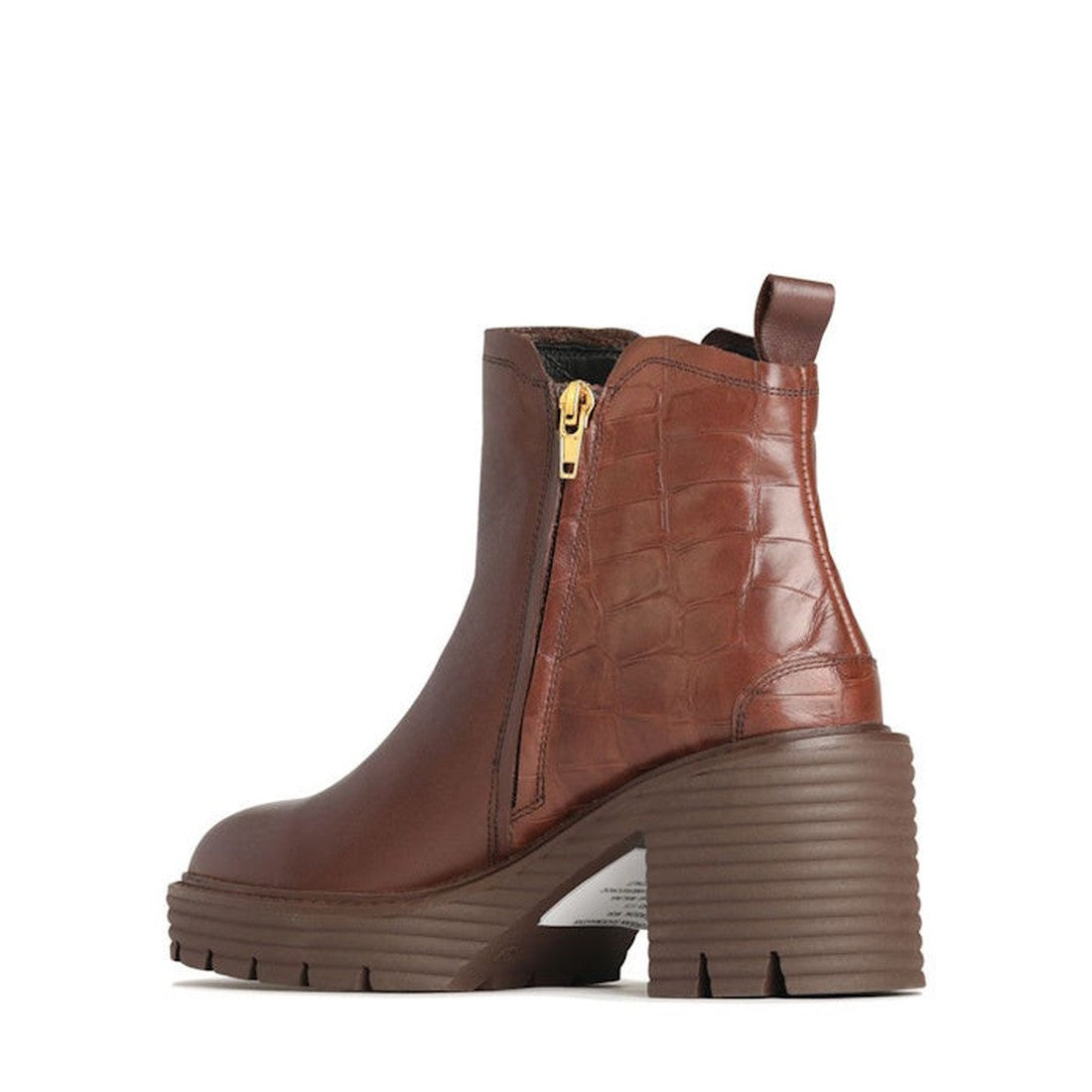 The EOS Malina Chestnut Heeled Leather Boot features supple leather, a block heel, crocodile-textured back panel, gold side zipper pull, and a chunky ridged sole., 36548, 9321191197258, 9321191197265, 9321191197272, 9321191197289, 9321191197296, 36554