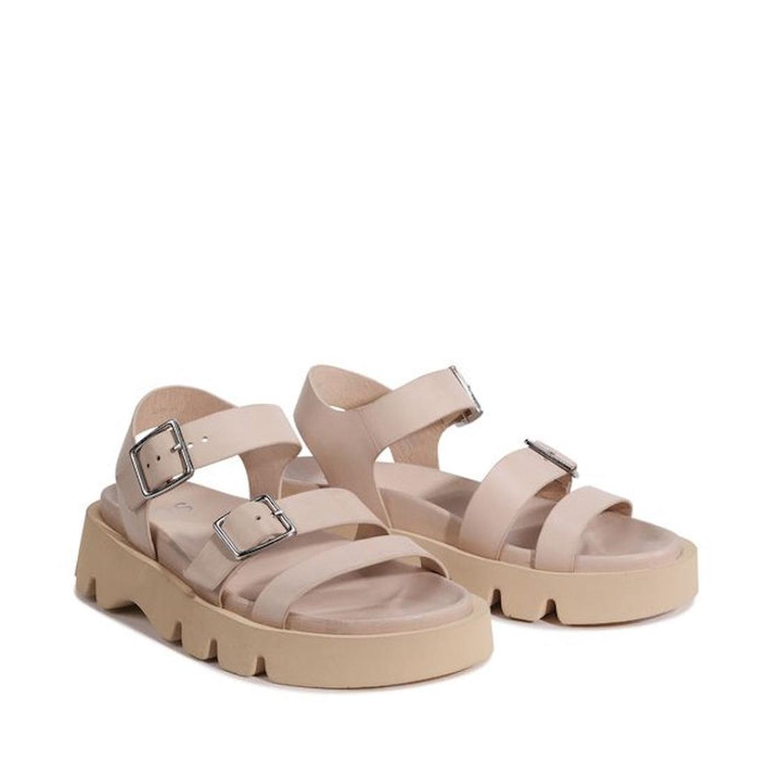The EOS Monn Birch Women's Leather Buckle Sandal is a beige platform slingback with chunky soles, three top straps, adjustable silver buckles, rugged tread, and an open-toe design for comfort., 48019, 9321191311913, 9321191311920, 9321191311937, 932119131