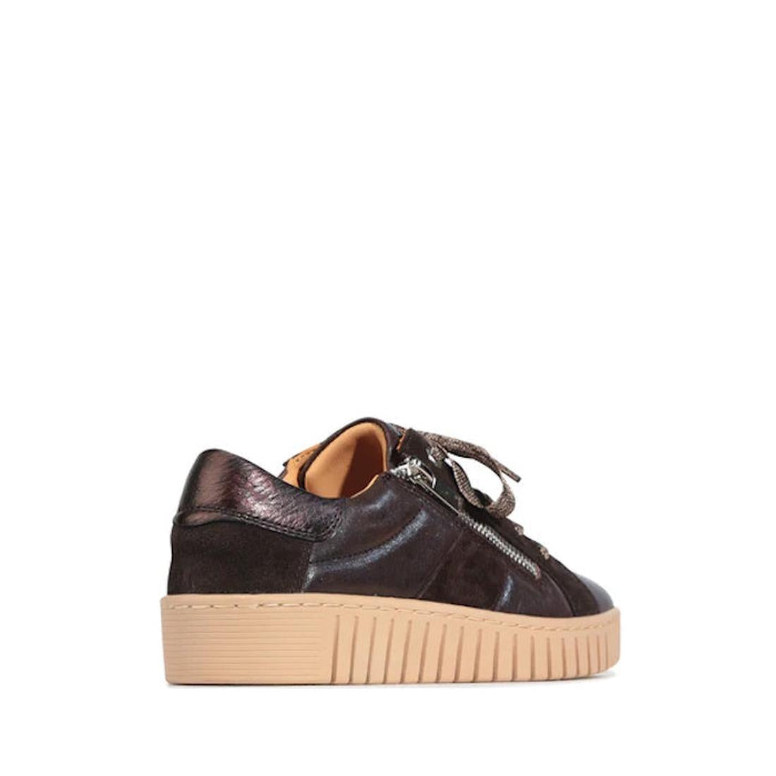 The EOS Tinah Mahogany is a dark brown leather trainer with suede and metallic accents, a side zipper, and a thick light tan rubber sole, shown from the back side angle., 51468, 9321190042108, 9321190042115, 9321190042122, 9321190042139, 9321190042146, 51