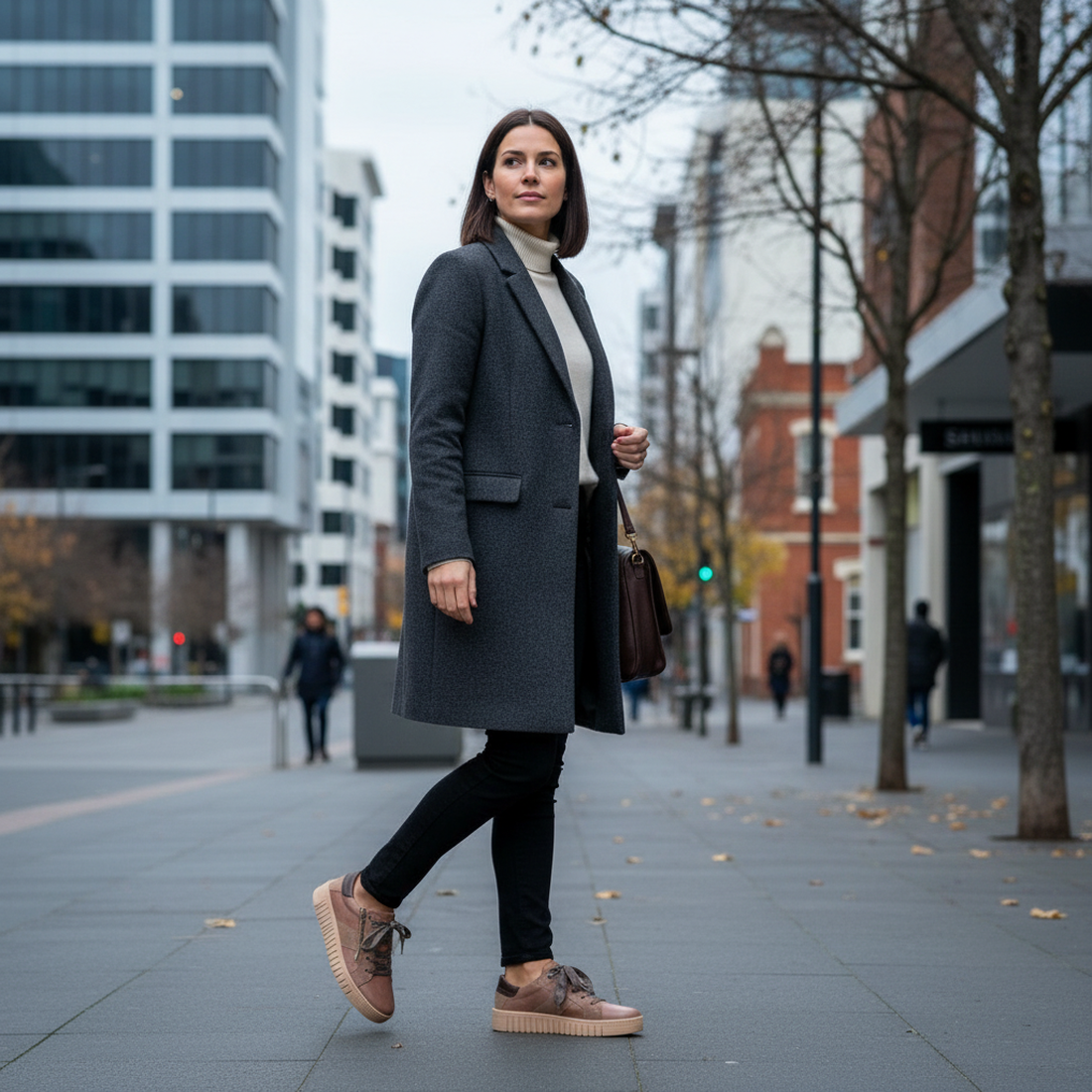 Woman in a gray coat walking on a city street, 51475, 9321190042177, 9321190042184, 9321190042191, 9321190042207, 9321190042214, 9321190042221