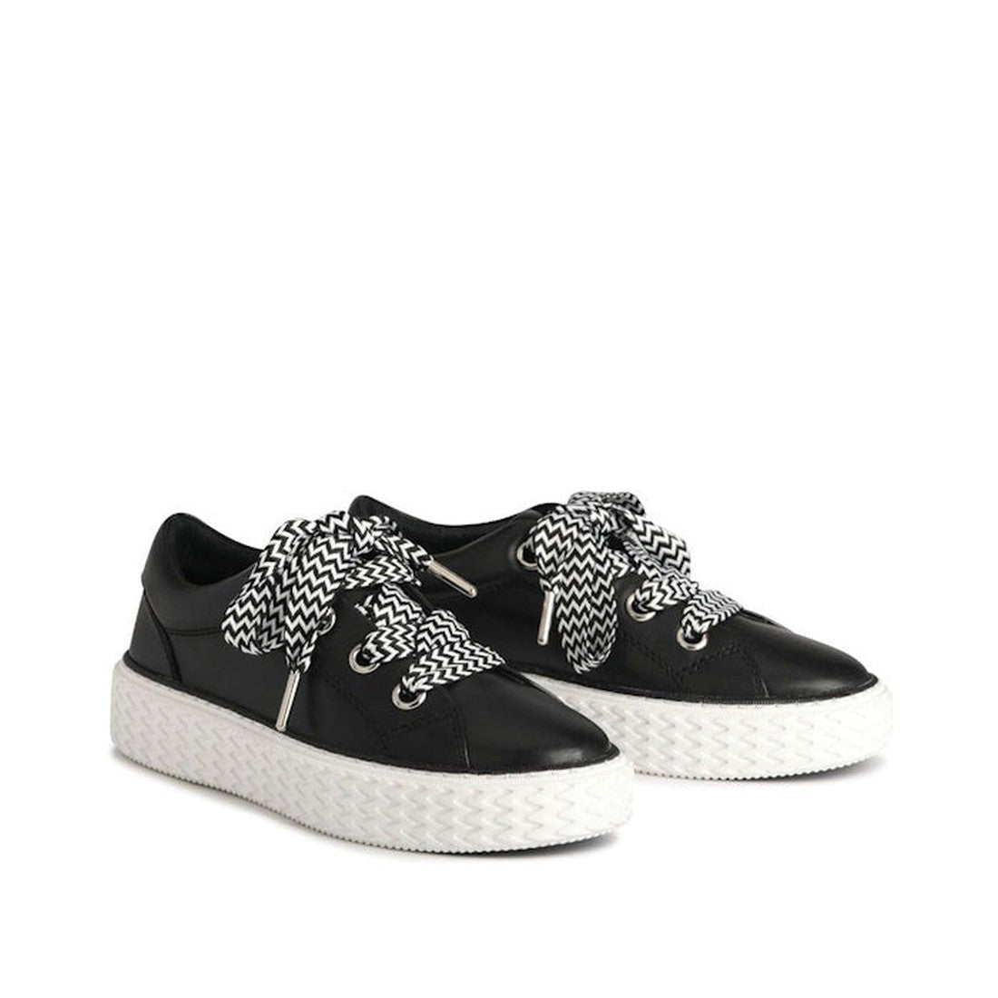 The EOS Trinsic Black Leather Lace Up Trainer features thick white soles and bold black-and-white zigzag laces, crafted from premium cashmere leather, shown on a white background., 36520, 9321191200897, 9321191200903, 9321191200910, 9321191200927, 9321191