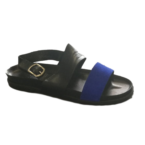 EOS Maite Flat Leather Sandal in White or Black/Cobalt