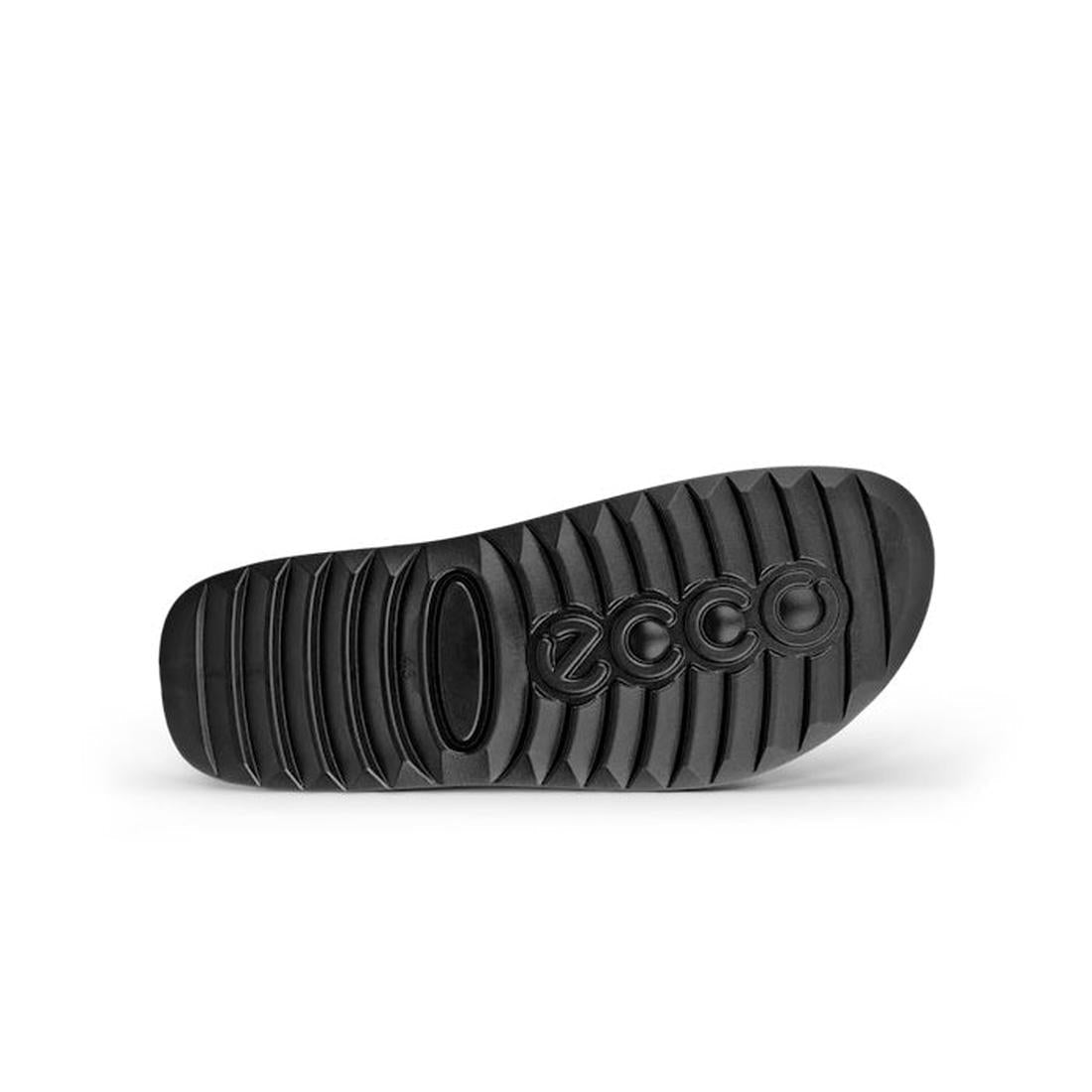 The outsole of the Ecco Mens Cozmo Casual Buckle Black Leather Slide featuring a ridged tread pattern and a circular logo at the center., 54955, 54956, 54957, 54958, 54959, 194891766647, 194891766654, 194891766661, 194891766678