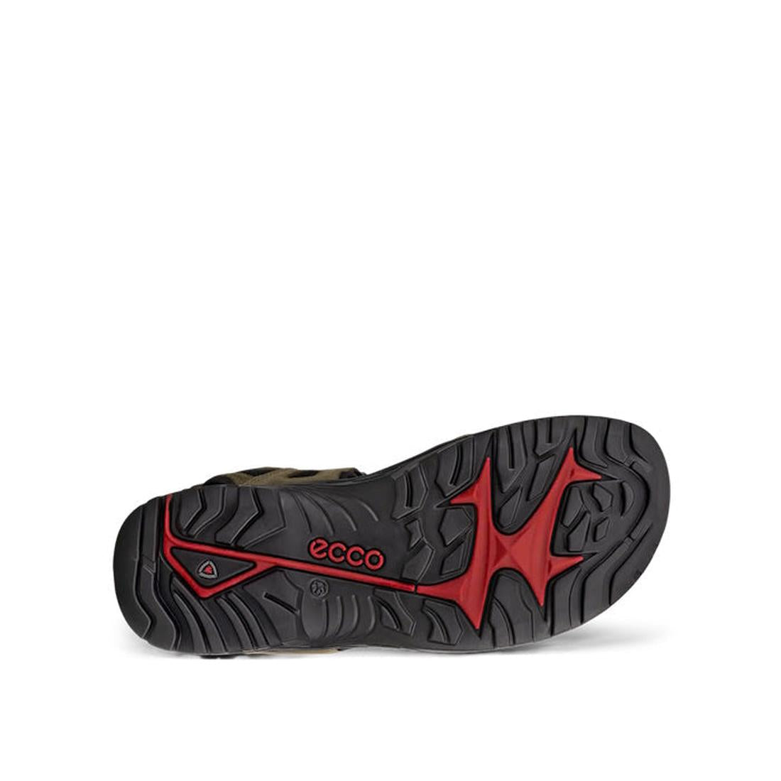 Underside view of the Ecco Offroad Tarmac Mens Active Sandal Green, featuring olive green nubuck leather straps, a black lugged rubber sole, and red accent detailing.