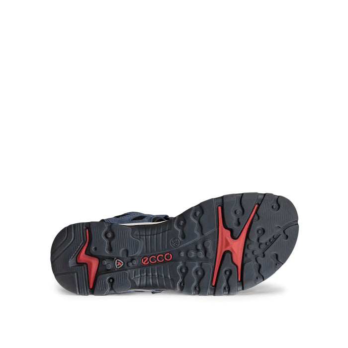 The gray lugged rubber sole of the Ecco Womens Offroad Marine Womens Active Sandal features red structural inserts and a visible brand logo., 54982, 194892073539, 194892073546, 194892073553, 54986