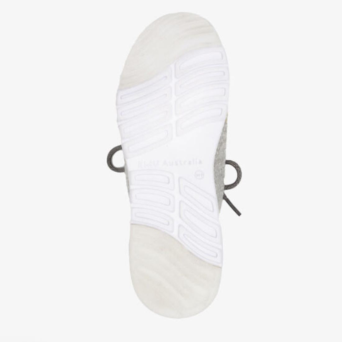 The image shows the sole of the Emu Heidelberg Wool Sneaker Grey, viewed from below. The mostly white sole features grooved patterns and faint "blar Australia" branding, with part of the shoe’s grey side and laces visible., 42766, 42767, 9330071956397, 93