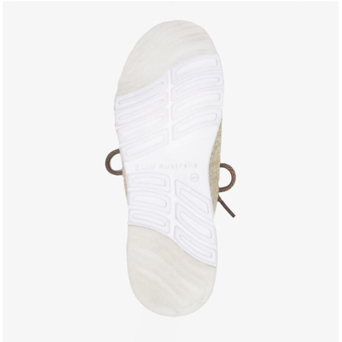 The image features the white rubber sole of the Emu Heidelberg Wool Sneaker Oatmeal, with textured grooves and EMU Australia embossed in the center. Brown shoelaces accent these comfortable travel shoes., 42773, 9330071956465, 9330071956472, 9330071956489