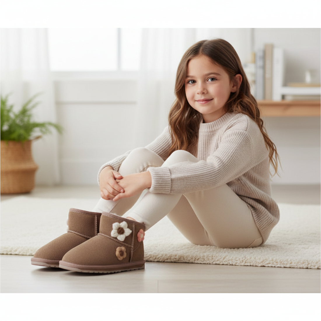 A young girl smiles indoors on a light carpet, wearing a beige sweater, cream leggings, and EMU Kids Daisy Mushroom Merino Wool Boots featuring a daisy design and plush lining. The softly lit room has minimal, cozy decor., 9330071974605, 9330071974612, 93