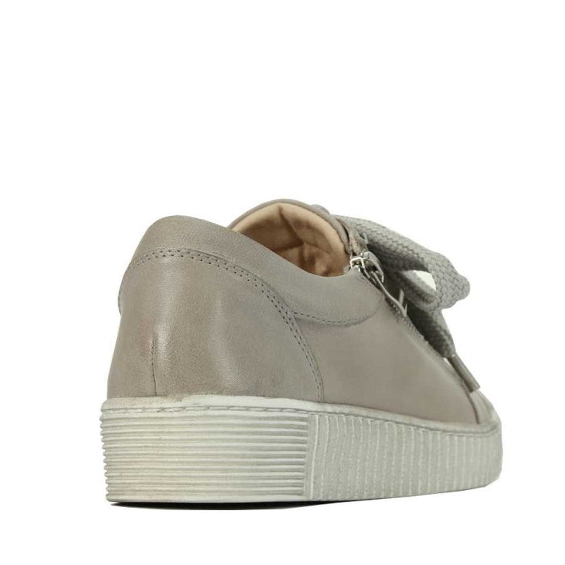 The EOS Jovi Leather Trainer in stone is a women’s shoe made from Italian Aniline leather, featuring a thick white textured sole, large fabric bow laces, and a zip. Shown from the back left angle., 9321190926859, 9321190926866, 9321190926873, 932119092688