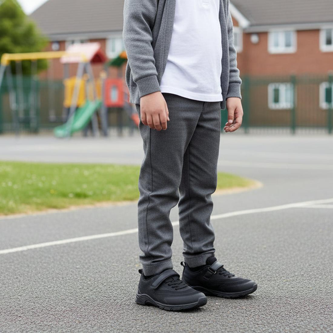 A child in a grey school uniform wears Harrison Nifty Black School Trainers with self-fastening straps, standing on a playground with blurred equipment and houses in the background. The child's face is not visible., 48569, 48570, 48571, 9361913034997, 485