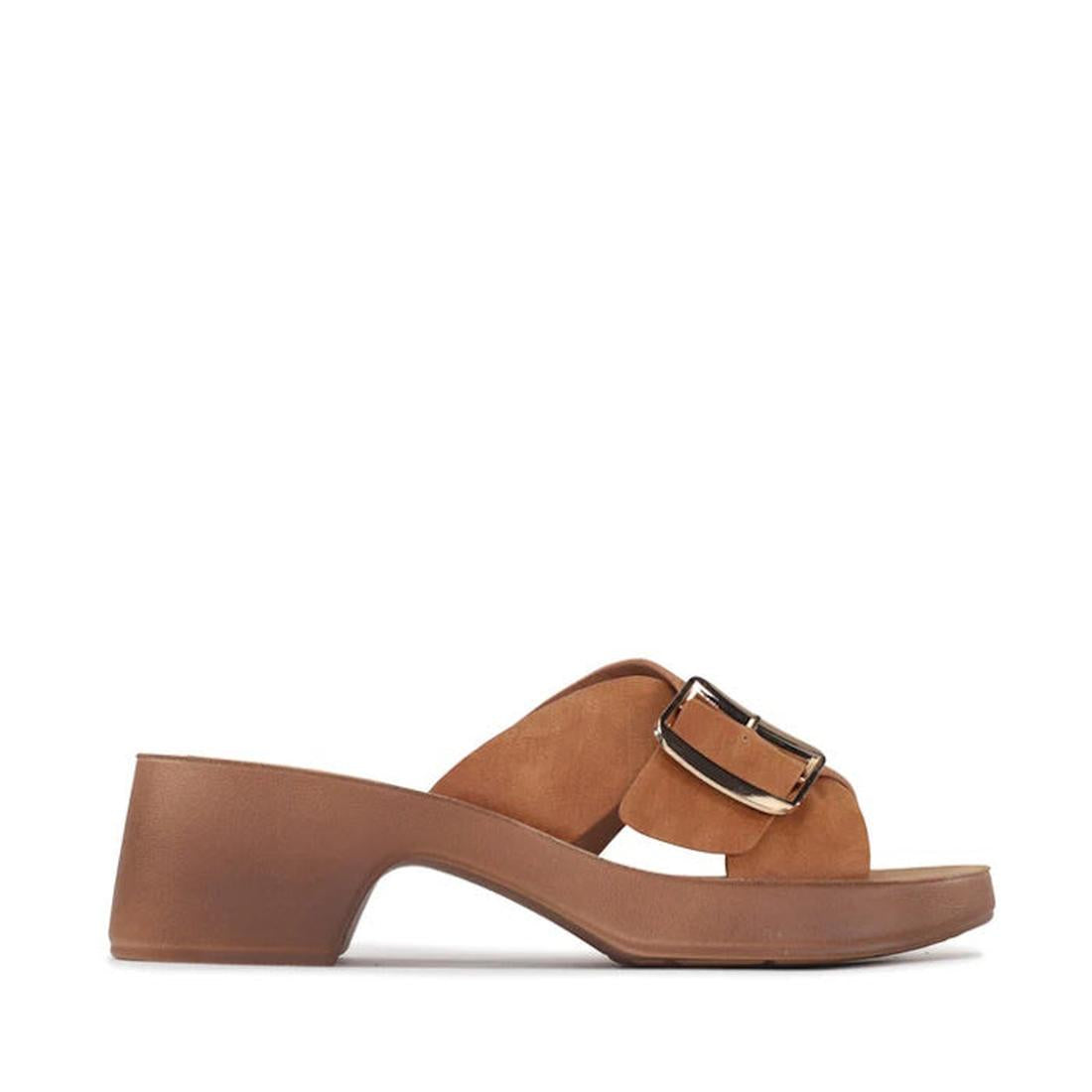 The Los Cabos Alegro Brandy Wedge Platform Women's Slide Sandal features a brown suede wide strap with a large gold adjustable buckle, an open toe, and wedge heel, shown in profile on a white background., 9321191292380, 9321191292397, 9321191292403, 93211